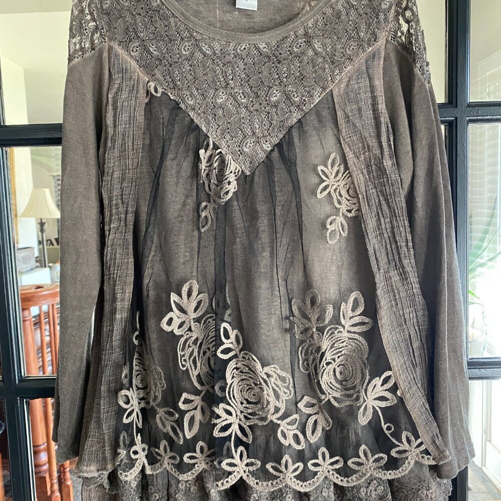 Feratelli Womens Top Small‎ Boho Lace Embroidered Fairy Mixed Media Y2K Cottage